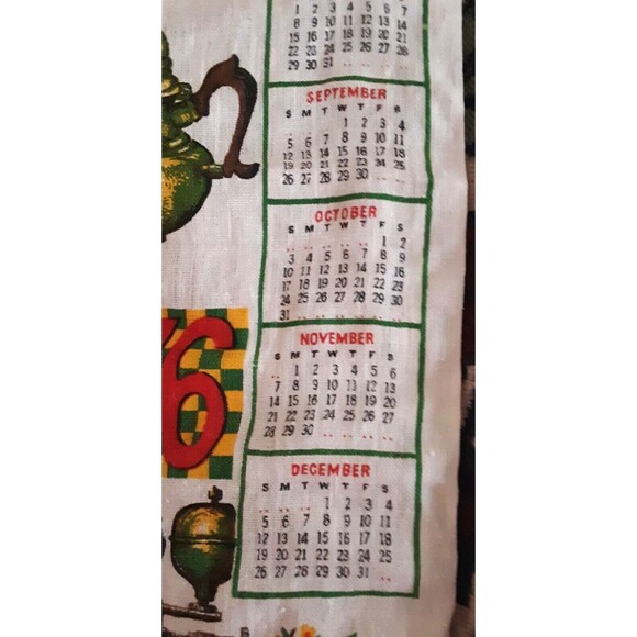 Wall Calendar 1976 Linen Kitchen Tea Towel 16x27 Peaches Teapot Flowers Blessing - Picture 9 of 12